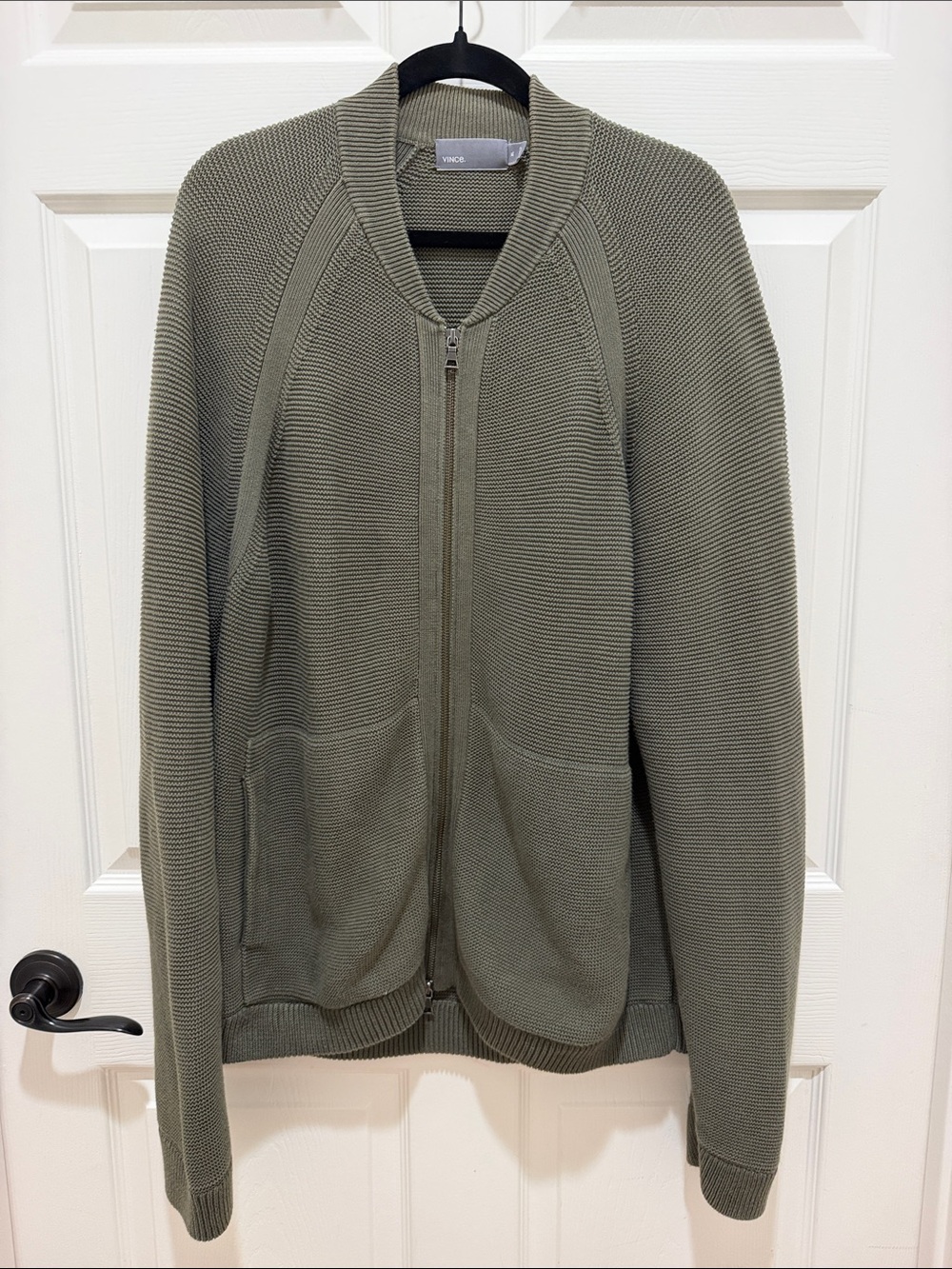 Vince Olive Green Mixed-Media Horizontal Ribbed Knit Bomber Jacket - Size XL